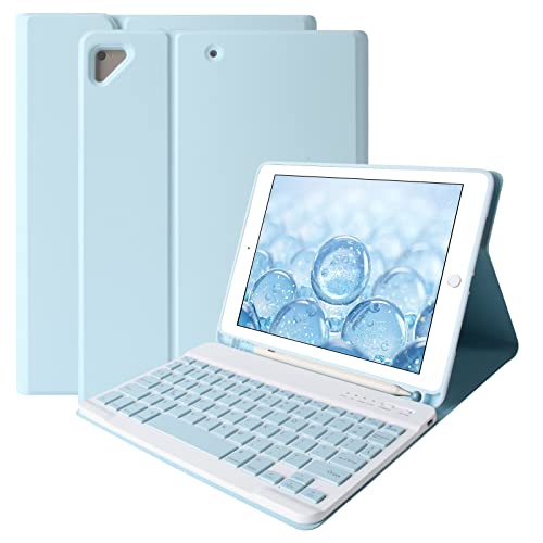 Tastatur Hülle für iPad 9.7" 2018 (6. Gen)/iPad 9.7" 2017 (5. Gen)/iPad Pro 9.7/iPad Air 2/Air 1, TPU Schutzhülle mit drahtloser Abnehmbarer Bluetooth-Tastatur & Eingebautem Pencil Halter(Hellblau) von HOTLIFE