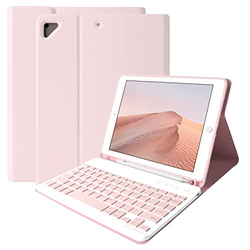 Tastatur Hülle für iPad 9.7" 2018 (6. Gen)/iPad 9.7" 2017 (5. Gen)/iPad Pro 9.7/iPad Air 2/Air 1, TPU Schutzhülle mit drahtloser Abnehmbarer Bluetooth-Tastatur & Eingebautem Pencil Halter(Rosa) von HOTLIFE