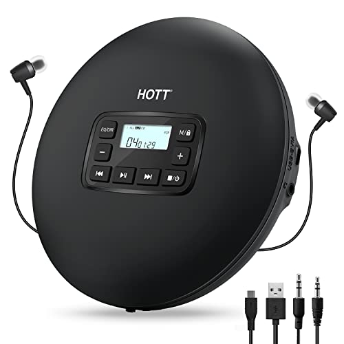 HOTT CD204 Tragbarer CD-Player für Reisen zu Hause und mit dem Auto mit Stereo-Kopfhörern und Anti-Shock-Schutz (schwarz) von HOTT