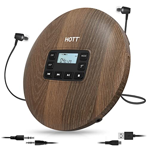 HOTT CD611 Tragbarer CD-Player mit LCD-Display Stereo-Kopfhörer, Anti-Skip/Anti-Shock-Schutz, persönlicher Discman-Musikplayer für das Auto, Holzmaserung von HOTT