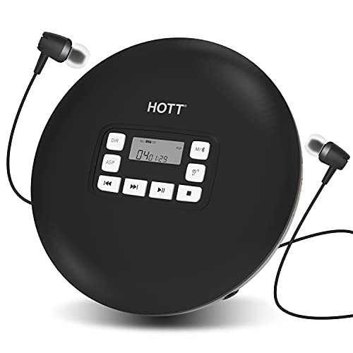 HOTT CD611T Tragbarer Bluetooth Persönlicher Kompakt-CD Player mit LCD-Display, Walkman Kleiner Musik-CD Player mit Kopfhörer USB-Kabel für Auto Zuhause Reisen (Schwarz) von HOTT