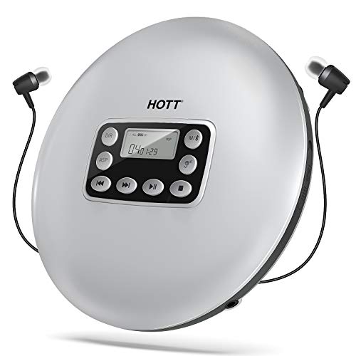 HOTT CD711T Tragbarer Bluetooth CD Player Wiederaufladbarer für zu Hause, unterwegs und im Auto mit Stereo-Kopfhörern und, Anti-Schock-Schutz-Silber von HOTT