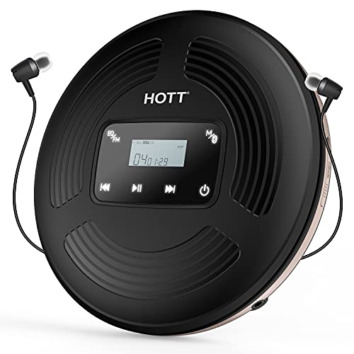 HOTT CD903TF CD Player tragbar wiederaufladbarer CD Player Bluetooth mit FM-Transmitter geeignet für Reise, Haus und Auto, mit Stereo-Headset und Stoßschutzfunktion (schwarz) von HOTT