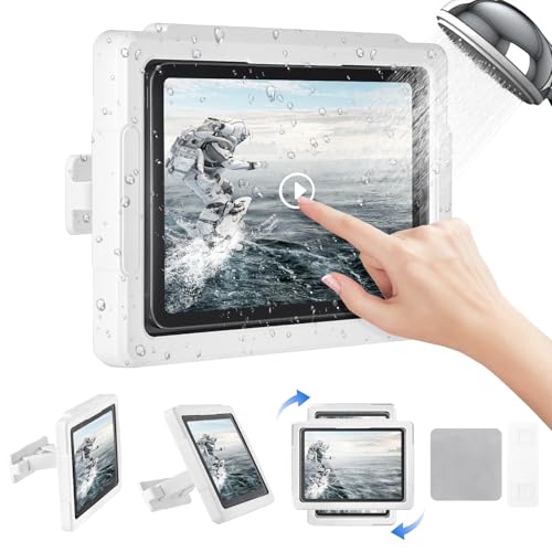 HOTUT Dusche Tablet Halterung Wasserdicht, Dehnbar iPad duschhalterung für alle Geräte bis 11", 360° drehbare Tablet Wandhalterung, 2 Platzierungsmodi Beschlagfrei HD Display Ständer für Bad von HOTUT