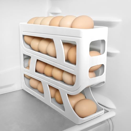 HOTUT Eierbehälter für Kühlschrank,4-Tier Automatischer Eierhalte für 30 Eier,platzsparender Eierspendert mit Schrägem Design, Kühlschrank Organizer Für Küche Eierleisten-Weiß von HOTUT