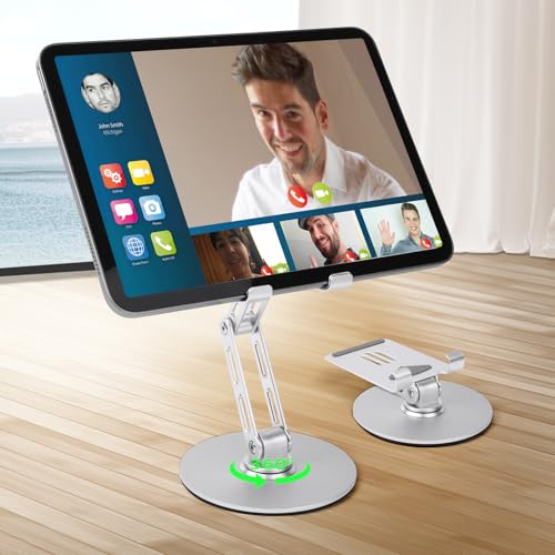 HOTUT Faltbar Tabletständer,Verstellbar Tablet Ständer mit 360 Grad Drehbarem Fuß,Tisch Tablet Halter Super Stabil,Tablet Halterung für iPad/iPad Pro/Air, iPhone, Galaxy, Switch, Telefone(Silber) von HOTUT