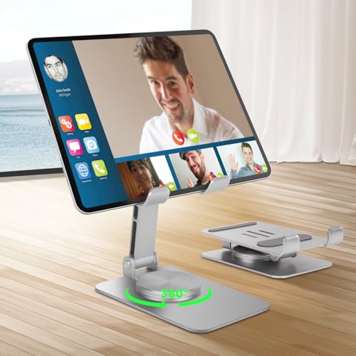 HOTUT Faltbar Tabletständer,Verstellbar Tablet Ständer mit 360 Grad Drehbarem Fuß,Tisch Tablet Halter Super Stabil,Tablet Halterung für iPad/iPad Pro/Air, iPhone, Galaxy, Switch, Telefone (Silber) von HOTUT