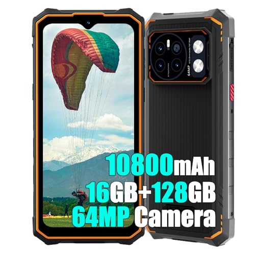 HOTWAV Cyber 13 Outdoor Handy Ohne Vertrag Android 14,10800mAh, 16GB RAM + 128GB ROM + 1TB TF Outdoor Smartphone, 6.6” DH+ 90Hz, 64MP+16MP Baustellenhandy, Face ID/NFC/OTG Orange von HOTWAV