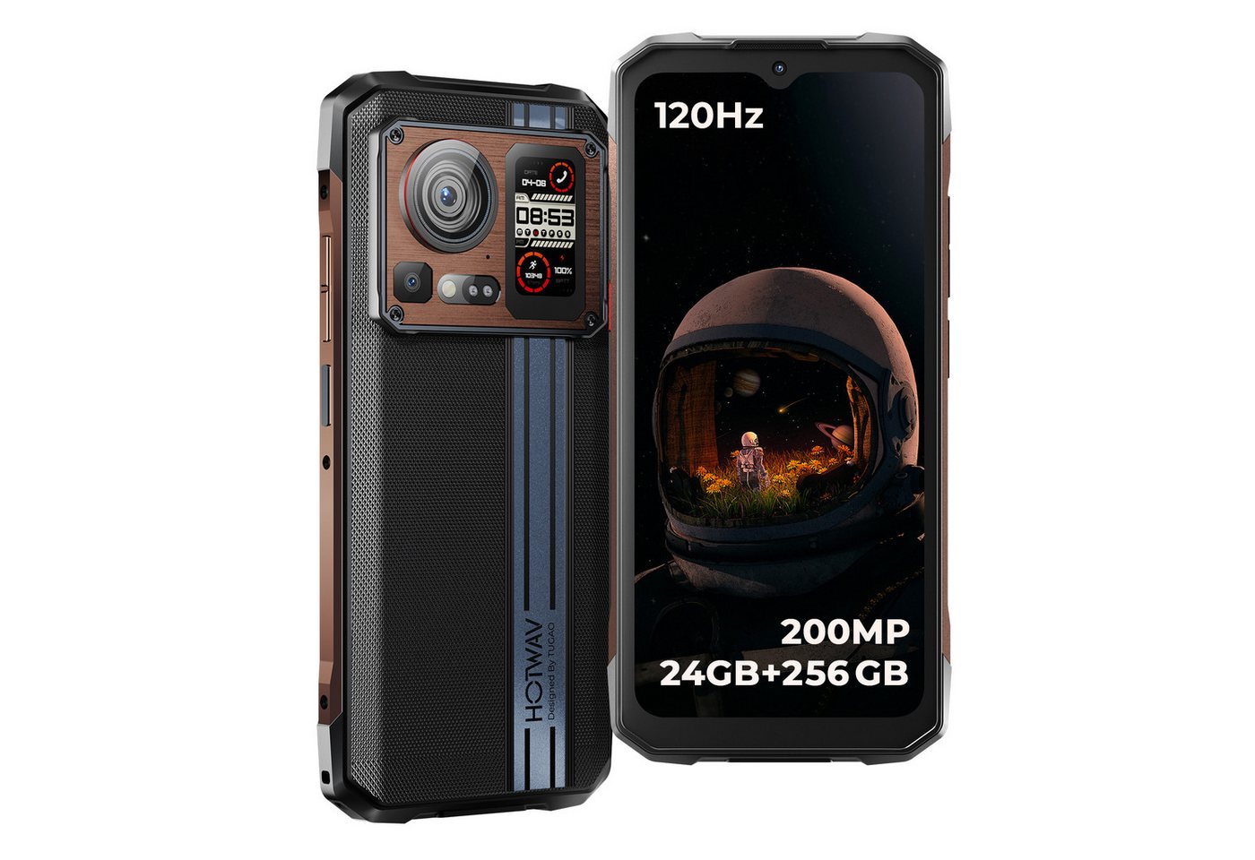 HOTWAV Cyber 15 Outdoor Handy, 4G, Android 13, 6280mAh, FHD+ Smartphone (6.6 Zoll, 24 GB Speicherplatz, 200 MP Kamera, IP68/IP69K, NFC, 1,45 Zoll großer Rückbildschirm, schwarz mit golden) von HOTWAV