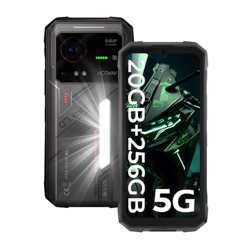 HOTWAV Hyper 7 5G Outdoor Smartphone, 20GB RAM+256GB ROM, 280LM Campinglicht, Handy Ohne Vertrag, 10800mAh(33W) Baustellenhandy, 6.6”FHD+ 120Hz, 64MP+32MP, Face ID/IP68/IP69K/NFC (Schwarz) von HOTWAV