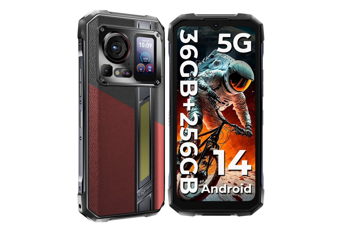 HOTWAV Hyper 7 PRO 5G Outdoor Handy, 36GB RAM+256GB ROM, Android 14 Smartphone (6.6 Zoll, 200 MP Kamera, FHD+, 280 lm LED-Leuchten, Rückbildschirm, IP68/IP69K, schwarz mit rot) von HOTWAV
