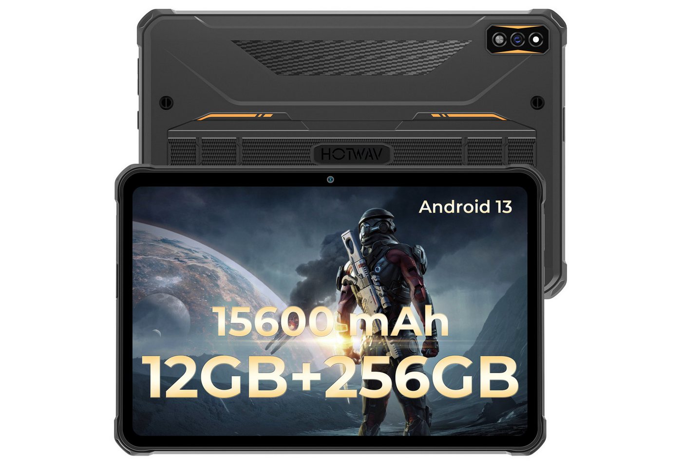 HOTWAV R7 HD+ Outdoor Touchpad, 15600mAh Akku, Octa-Core, Dual SIM Tablet (10.1", 12 GB, Android 13, IP68, 4G LTE/5G WiFi, GPS, OTG, Handschuh-Modus, grau mit orange) von HOTWAV