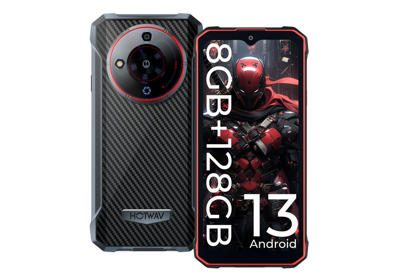 HOTWAV T7 Outdoor Handy, 6280mAh Akku, HD+ Display, Android 13 Smartphone (6.52 Zoll, 8 GB Speicherplatz, Dual SIM 4G, Face ID, GPS, IP68/IP69K, OTG-Funktion, schwarz mit rot) von HOTWAV