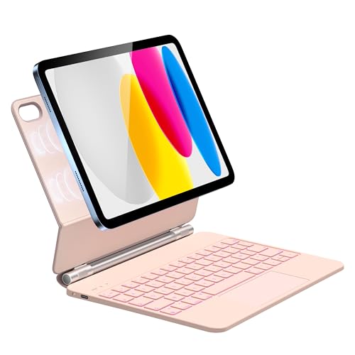 HOU Schutzhülle für iPad 10. Generation, magnetisch, Multi-Touch-Trackpad, Tastatur mit Hintergrundbeleuchtung, Bluetooth 7 Farben für iPad 10. Generation 2022, AZERTY-Layout, Rosa von HOU