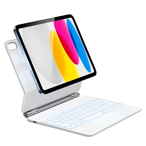 HOU Schutzhülle für iPad 10. Generation, magnetisch, Multi-Touch-Trackpad, Tastatur mit Hintergrundbeleuchtung, Bluetooth 7 Farben für iPad 10. Generation 2022, AZERTY-Layout, Weiß von HOU