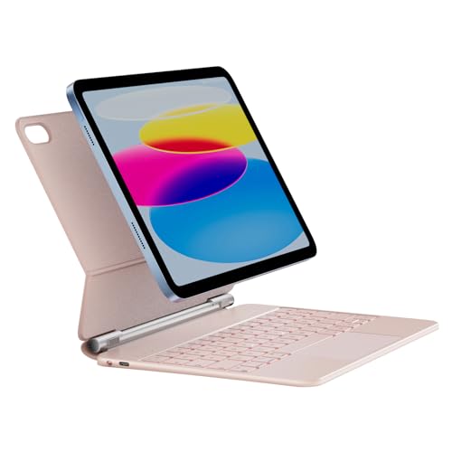 HOU Tastatur Hülle für iPad 10. Generation (10.9 Zoll), Magnetischer Ständer, Multi-Touch Trackpad, 7-Farbige Beleuchtete, iPad 10 Generation 2022 Hülle mit Tastatur, QWERTZ Layout, Rosa von HOU