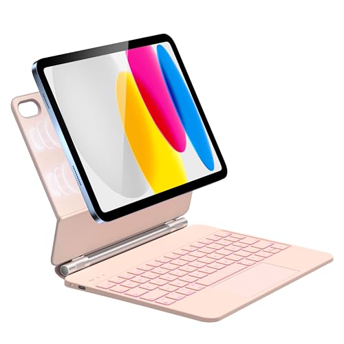 HOU Tastatur Hülle für iPad 10. Generation (10.9 Zoll), Magnetischer Ständer, Multi-Touch Trackpad, 7-Farbige Beleuchtete, iPad 10 Generation 2022 Hülle mit Tastatur, QWERTZ Layout, Rosa von HOU