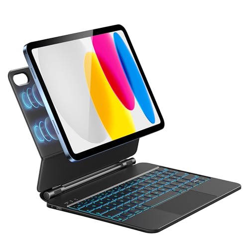 HOU Tastatur Hülle für iPad 10. Generation (10.9 Zoll), Magnetischer Ständer, Multi-Touch Trackpad, 7-Farbige Beleuchtete, iPad 10. Generation 2022 Hülle mit Tastatur, QWERTZ Layout, SCHWARZ von HOU