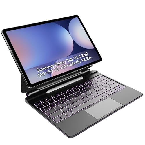 HOU Tastatur hülle für Samsung Galaxy Tab S10+/S9 FE+/S9+/S8+/S7 FE/S7+ (12,4 Zoll) mit Magnetständer, Multi-Touch-Trackpad, S Pen-Halter, 7 Farben 3 Stufen hinterleuchtet-QWERTZ-Deutsch,Schwarz von HOU
