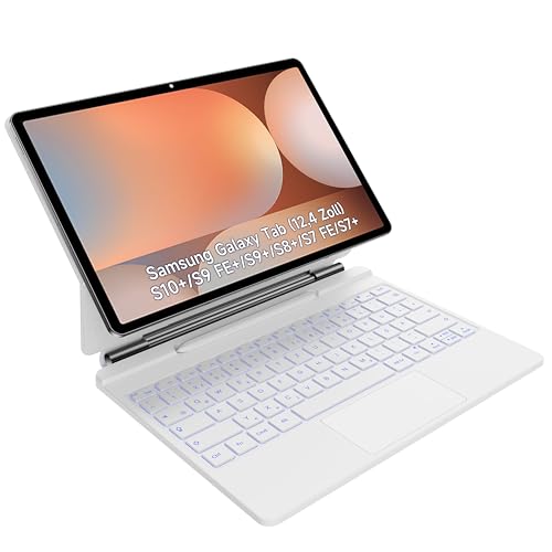 HOU Tastatur hülle für Samsung Galaxy Tab S10+/S9 FE+/S9+/S8+/S7 FE/S7+ (12,4 Zoll) mit Magnetständer, Multi-Touch-Trackpad, S Pen-Halter, 7 Farben 3 Stufen hinterleuchtet-QWERTZ-Deutsch,Weiß von HOU