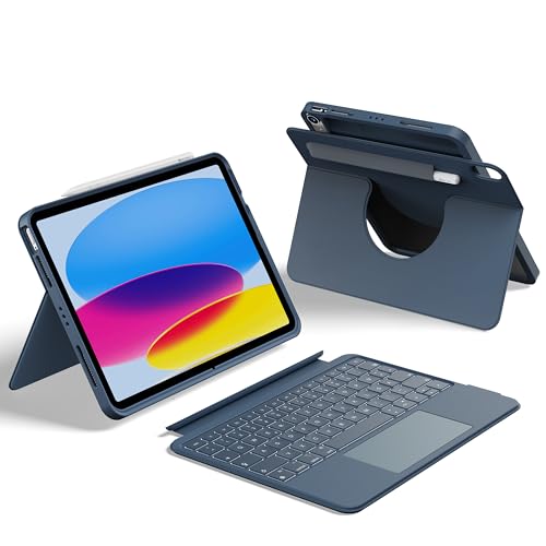 HOU iPad 10. Generation Case mit Tastatur, Drehbare und Abnehmbare Tastatur für iPad 10, Elastische Stifthalterung, Vollschutzhülle, 7-Farben Hintergrundbeleuchtung, Multi-Touch Trackpad, Blue von HOU
