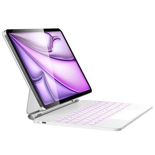 HOU iPad Air 13 Hülle mit Tastatur(2025 M3/2024 M2),iPad Pro 12.9 Hülle mit Tastatur (6th/5th/4th/3rd) 2022,QWERTZ,Click-Anywhere-Trackpad,7 Farben 3 Stufen hinterleuchtet,magnetisches Design,Weiß von HOU