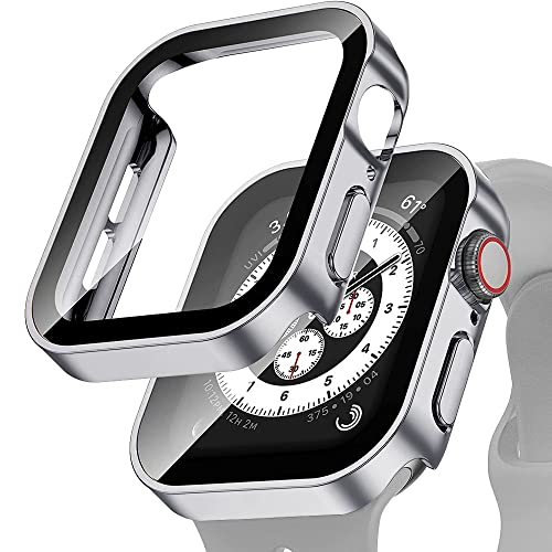 HOUCY Hülle + Glas für Apple Watch Serie 8 45 mm 41 mm 44 mm 40 mm wasserdichte Displayschutzfolie Zubehör Kantenstoßstange iWatch 5 SE 6 7 Abdeckung (Farbe: mattes Silber, Größe: 41 mm Serie 7 8) von HOUCY