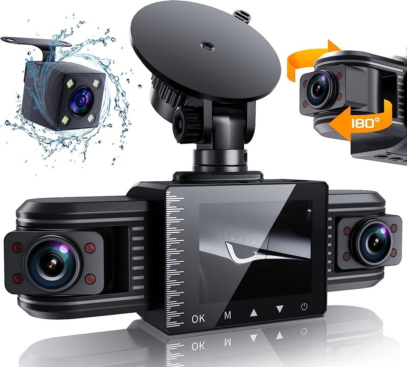 HOUROC Dashcam Auto,3-Kanal 2,5K+1080P+1080P Autokamera,mit 2 Zoll-Bildschirm Dashcam (170 ° Weitwinkel,Dasch-Cam Infrarot Nachtsicht, Autokamera mit Parküberwachung, G-Sensor, Loop-Aufnahme) von HOUROC