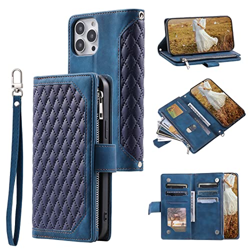 HOUSIM Handyhülle für Apple iPhone 15 Pro Hülle mit Geldbörse Reißverschluss Kartenfach Klapphülle Schutzhülle Klappbar Leder Tasche Wallet Flip Case Cover Handytasche - Blau von HOUSIM