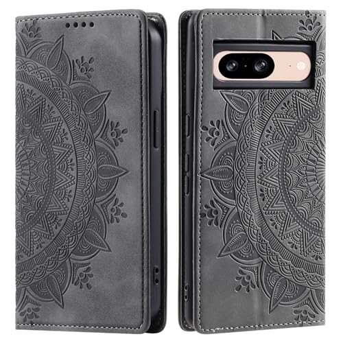 HOUSIM Handyhülle für Google Pixel 8 Blumen Muster PU Leder Klappbar Handytasche Schutzhülle Standfunktion Klapphülle mit Kartenfach Handy Tasche Cover Flip Case - Grau von HOUSIM