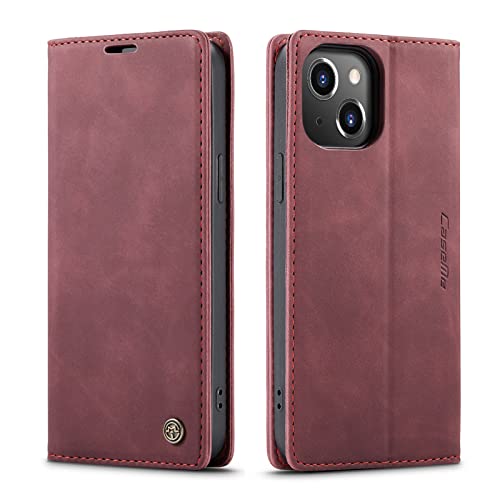 HOUSIM Handyhülle für iPhone 15 Plus PU Leder Klappbar Handytasche Schutzhülle Klapphülle mit Kartenfach Handy Tasche Vintage Cover Flip Case Standfunktion - Rot von HOUSIM