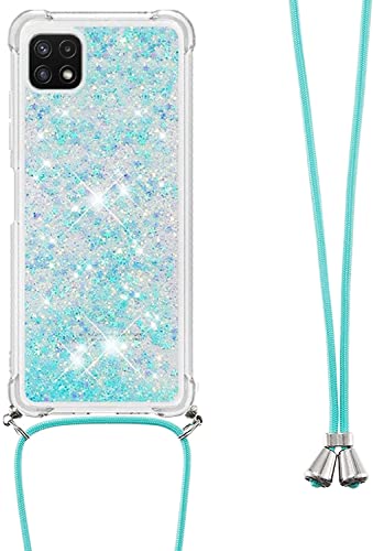 HOUSON Handykette Handyhülle kompatibel mit Samsung Galaxy A22 5G hülle, Glitzer Flüssig Bewegende Treibsand Transparent Silikon Case mit Kordel zum Umhängen Necklace Blau von HOUSON