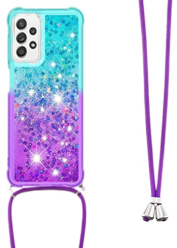 HOUSON Handykette Handyhülle kompatibel mit Samsung Galaxy A32 5G hülle, Glitzer Flüssig Bewegende Treibsand Transparent Silikon Case mit Kordel zum Umhängen Necklace Purple von HOUSON