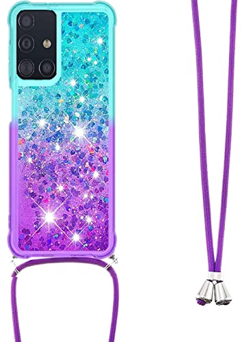 HOUSON Handykette Handyhülle kompatibel mit Samsung Galaxy A71 4G Hülle, Glitzer Flüssig Bewegende Treibsand Transparent Silikon Case mit Kordel zum Umhängen Necklace Purple von HOUSON