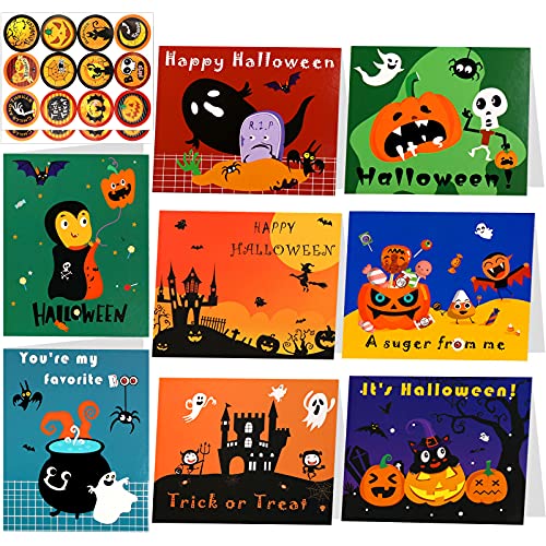 HOWAF 24er-Pack Halloween Grußkarten, mit Umschlägen und Halloween Aufklebern, Happy Halloween Karten Hexe Kürbis Muster Notizkarten für Kinder Süßes oder Saures Geburtstag Halloween Party Geschenk von HOWAF