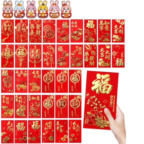 HOWAF 36 Chinesische Rote Umschläge Chinesische Neujahr 2024 Hong Bao Jahr des Drache Rote Umschläge Glücksumschläge Glücksgeld-Geschenkumschläge für Chinesische Neujahr Geburtstag Hochzeit von HOWAF