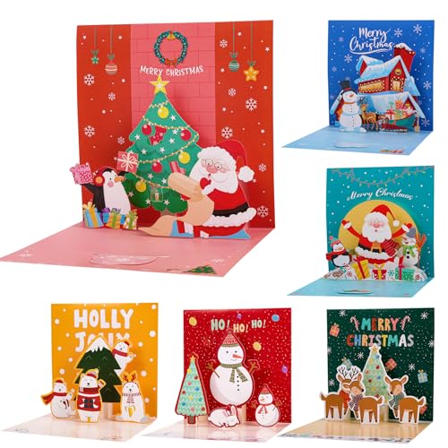 HOWAF 6 Stück Pop Up Weihnachtskarten mit Umschlag Set, Pop Up Weihnachtskarte Pop Up Karte Weihnachten Weihnachtskarten 3D Weihnachtspostkarten Grußkarten Weihnachten Deko für Party Supplies von HOWAF