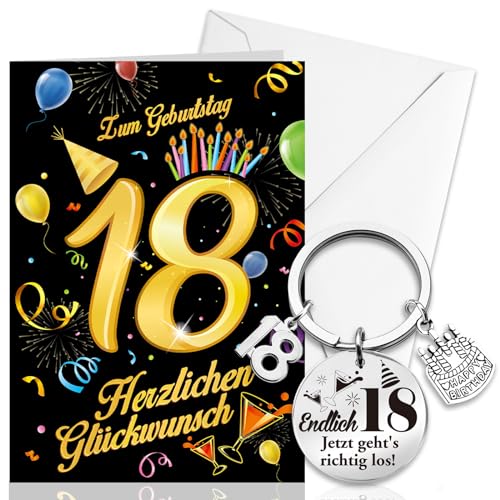 HOWAF Geburtstagskarte 18. Geburtstag Mädchen Junge, 18 Geburtstag Karte 18 Geburtstag Geschenk zum 18 Geburtstag Schlüsselanhänger, Geschenke zum 18 Geburtstag Mädchen Junge, Schwarz Gold von HOWAF