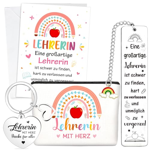 HOWAF Lehrerin Geschenk Abschied, Dankeskarten Karte Lehrerin Abschied, Schlüsselanhänger Lehrerin, Lesezeichen, Kosmetiktasche für Abschiedsgeschenk Lehrerin Lehrer Dankeschön Geschenk von HOWAF