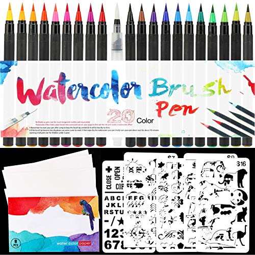 HOWAF Pinselstifte Set, 20 Aquarellfarben + 1 Wassertankpinsel, Brush Pen mit Flexibler pinselspitze, 8 Aquarellpapier, 5 Schablonen für Bullet Journal, Hand-Lettering Kalligraphie von HOWAF