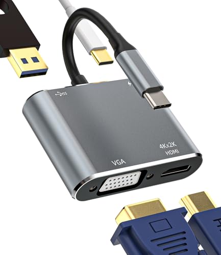USB C auf VGA HDMI Adapter (4 in 1) USB OTG 3.0 Hub für Apple iPhone 15 Ladekabel Konverter MacBook Air Multiport AV Adapter für iPad Kompatibel für Samsung S24 Tablet Jack Adaptateur tp-4in1 von HOYULLI