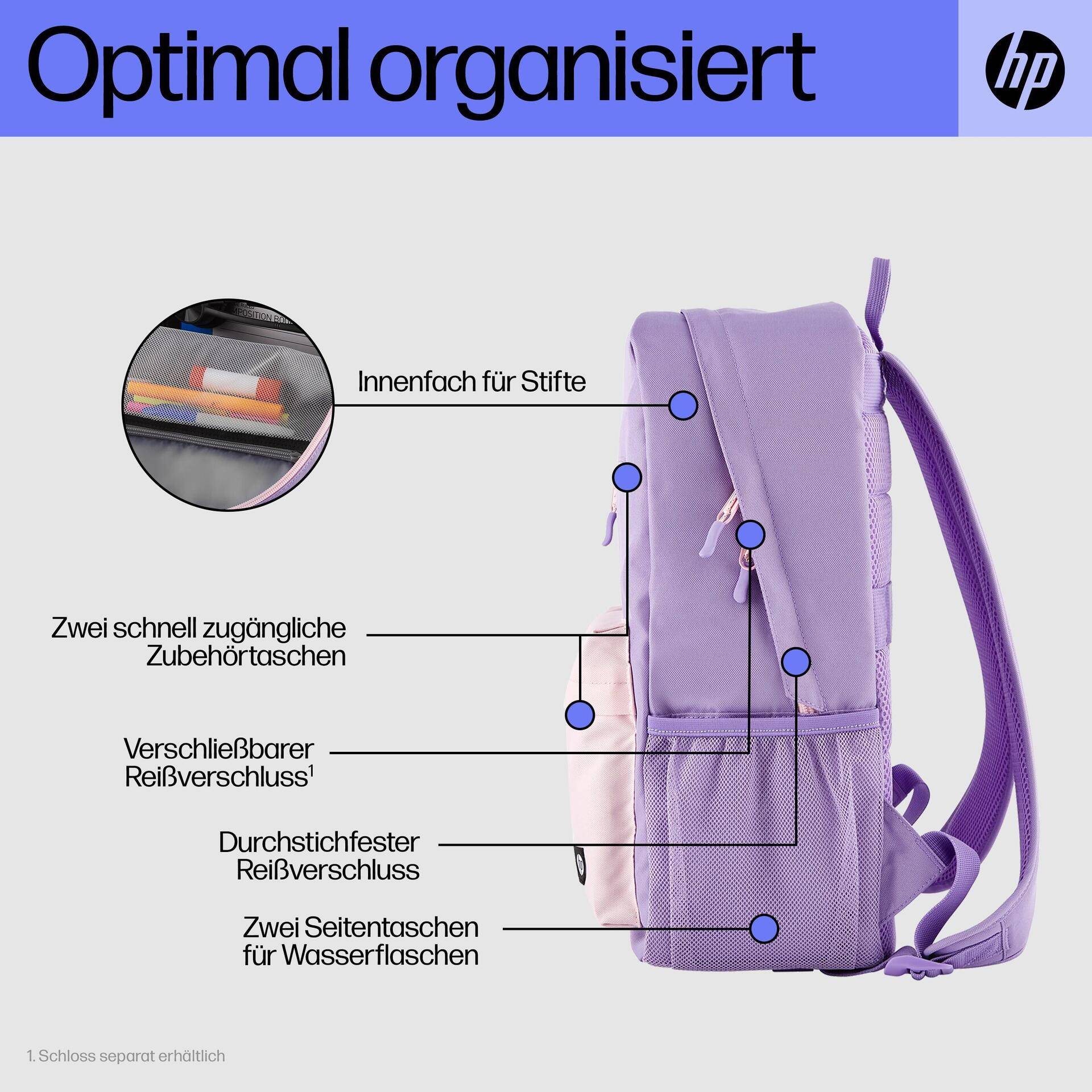 HP Campus-Rucksack (Lavendel) - 50% post-consumer recycled plastic, LDPE bag contains 100% recycled plastic, Hanger tag is made... - 295 mm - 185 mm - 435 mm - 490 g - 295 mm (7J597AA) von HP Inc
