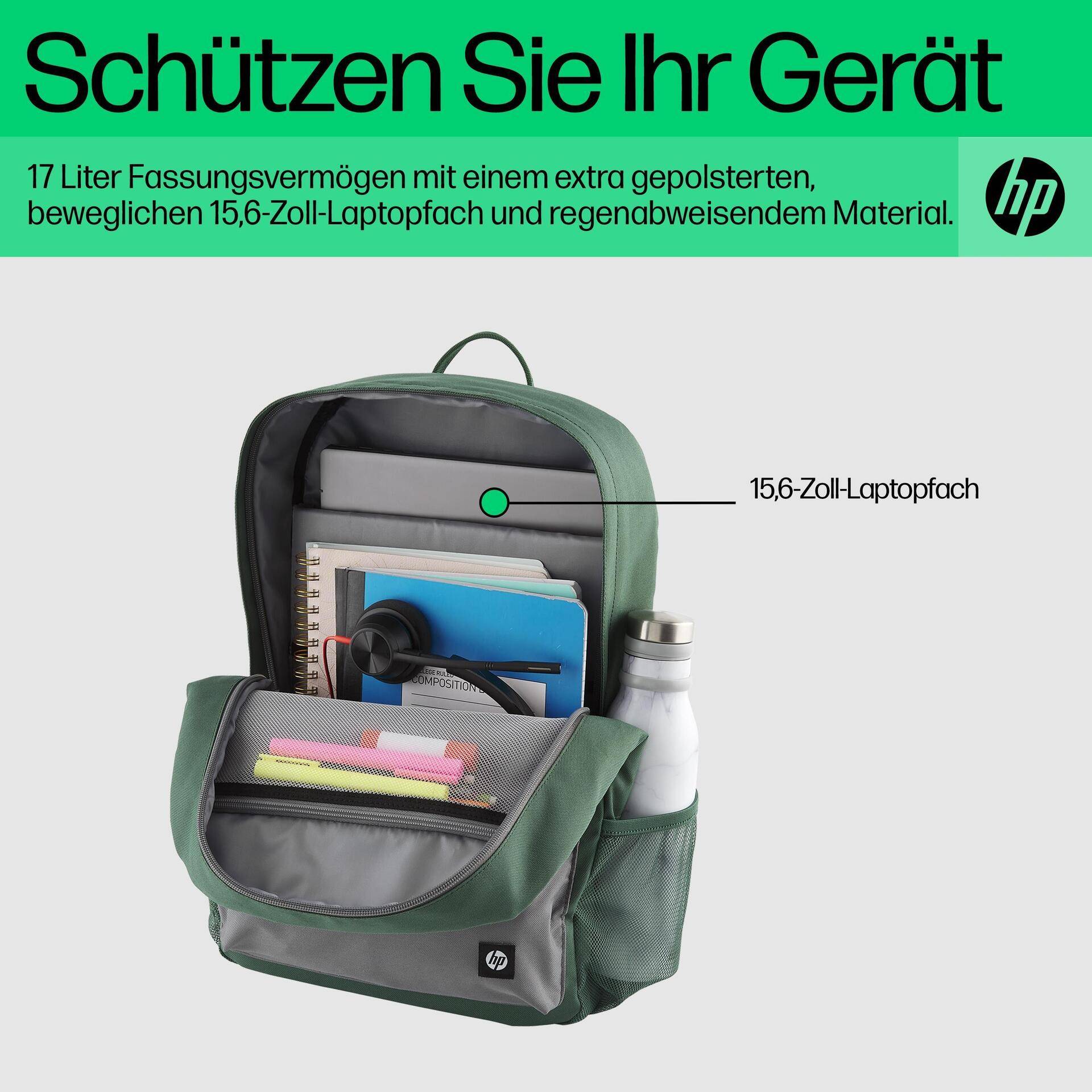 HP Campus Rucksack (grün) - 50% post-consumer recycled plastic, LDPE bag contains 100% recycled plastic, Hanger tag is made... - 295 mm - 185 mm - 435 mm - 490 g - 295 mm (7J595AA) von HP Inc