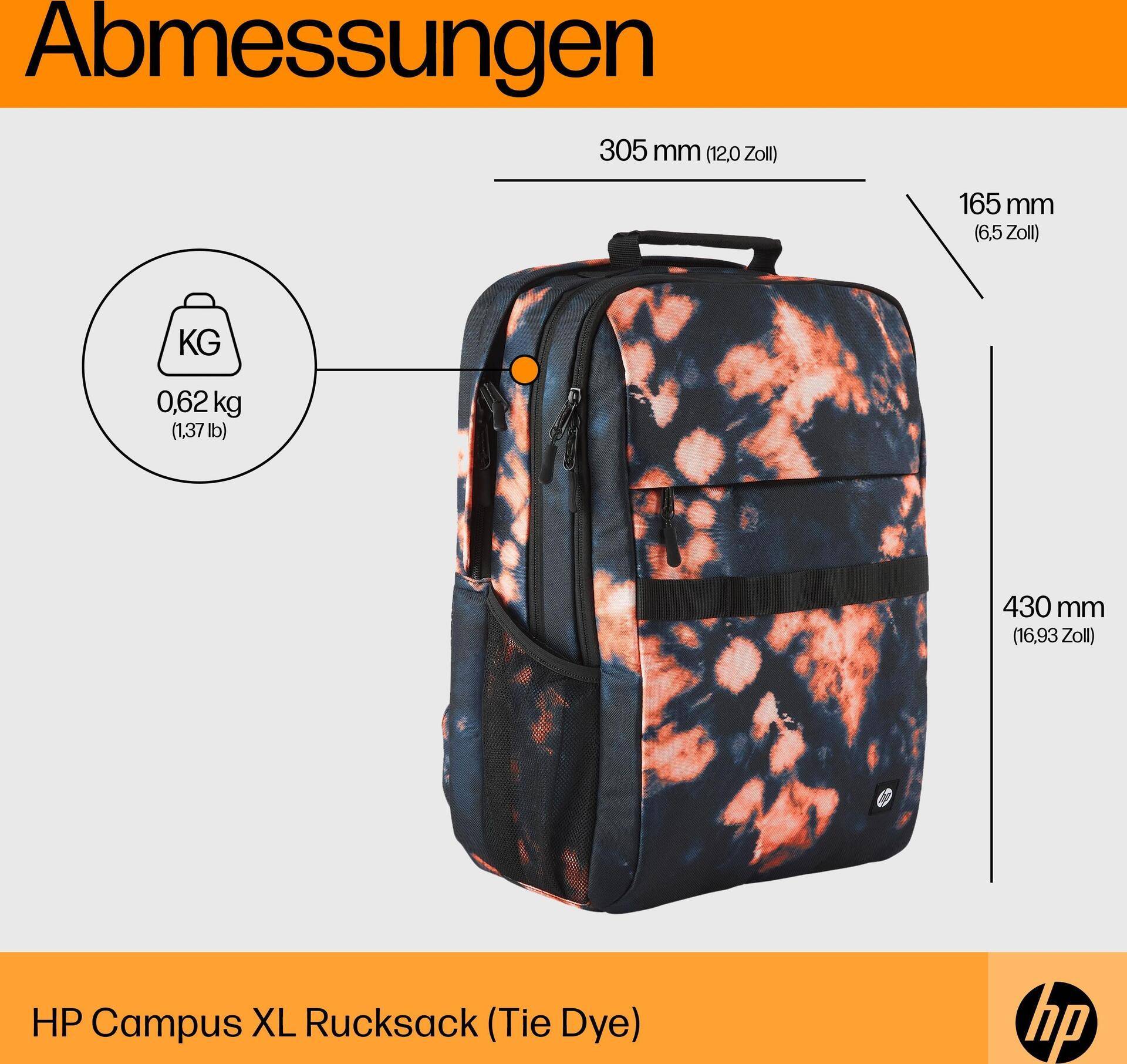 HP Campus XL Rucksack (Tie Dye) - 50% post-consumer recycled plastic, LDPE bag contains 100% recycled plastic, Hanger tag is made... - 305 mm - 165 mm - 430 mm - 620 g - 305 mm (7J593AA) von HP Inc