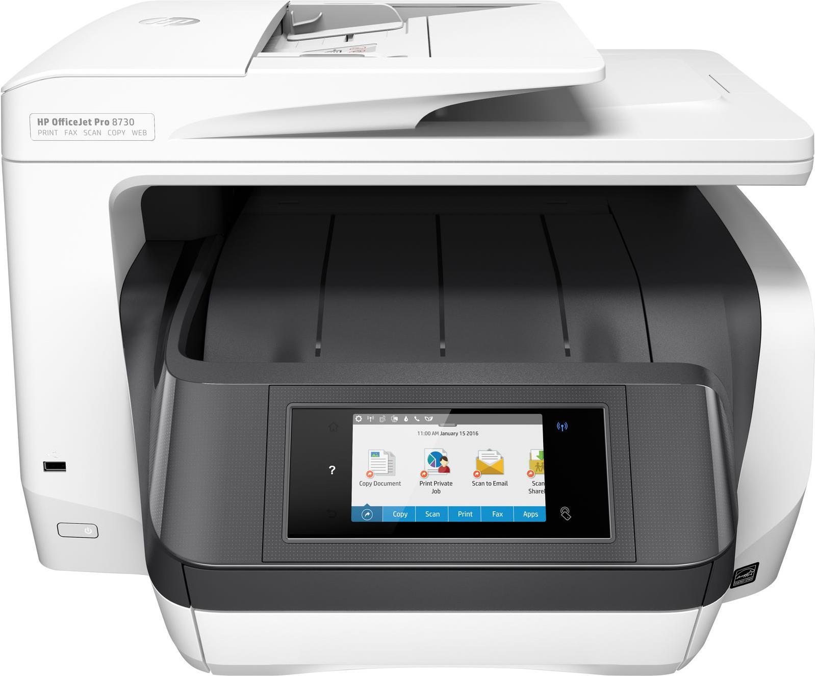 HP Officejet Pro 8730 All-in-One - Multifunktionsdrucker - Farbe - Tintenstrahl - A4 (210 x 297 mm), Legal (216 x 356 mm) (Original) - A4/Legal (Medien) - bis zu 22 Seiten/Min. (Kopieren) - bis zu 24 Seiten/Min. (Drucken) - 250 Blatt - USB 2.0, LAN, Wi-Fi(n), USB-Host, NFC - Für HP Instant Ink geeignet von HP Inc