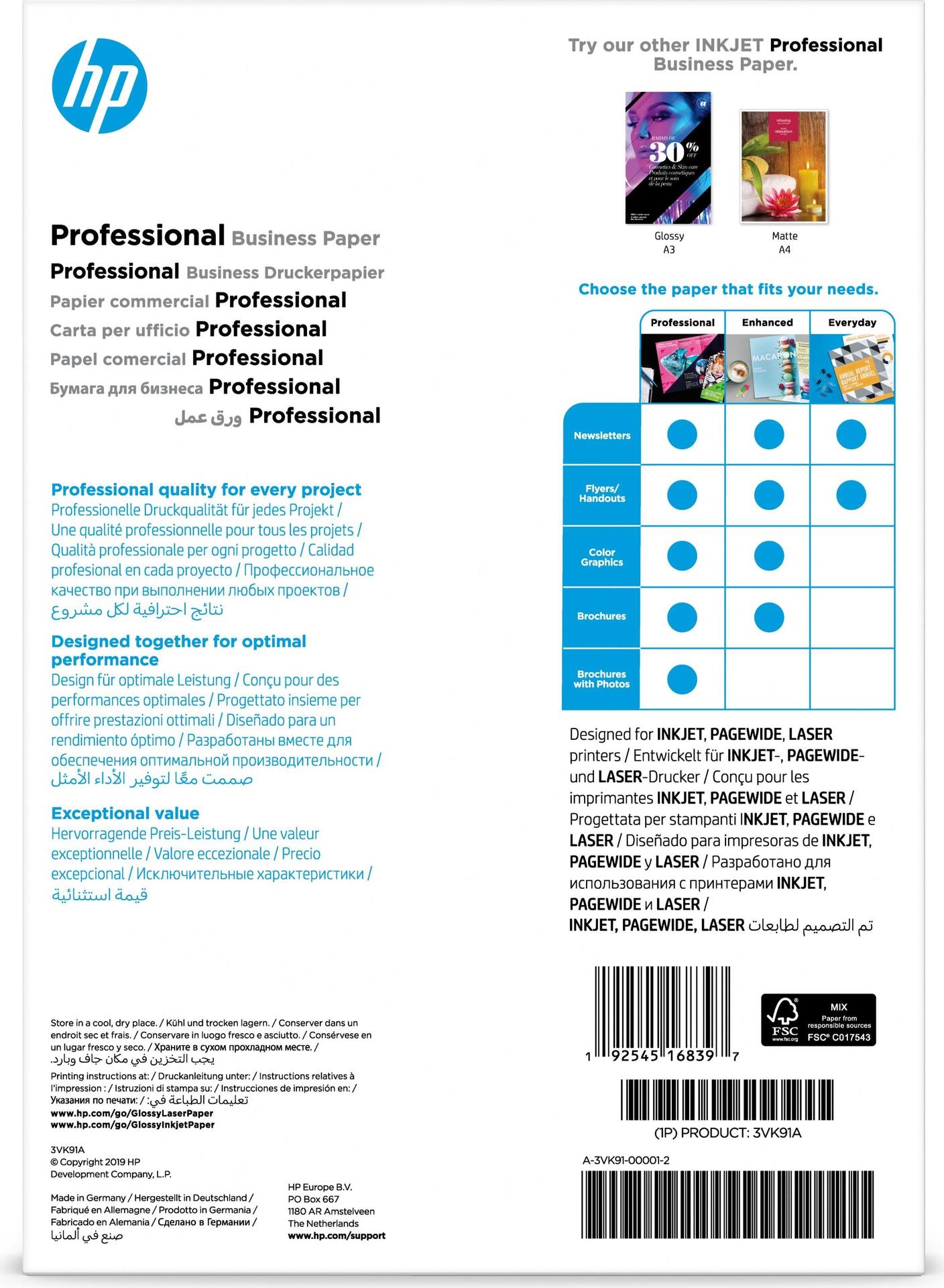 HP Professional Multi-use Glossy FSC Papers 180 gsm-150 sht/A4/210 x 297 mm Druckerpapier A4 (210x297 mm) Glanz 150 Blätter Weiß (3VK91A) von HP Inc