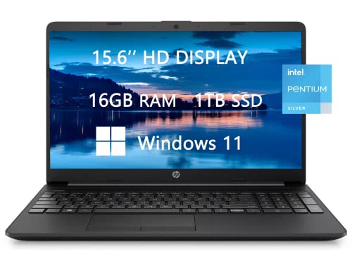 FOVAL HP 15 HD Laptop, Intel Pentium N5030, 16GB RAM, 1TB SSD, Webcam, RJ-45, Bluetooth, HDMI, USB-C, Schnellladung, leicht, Wins 11, ROKC HDMI-Kabel, Schwarz (15-dw1783wm) von HP