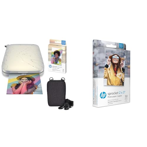 HP , Farbig, Sprocket Select Tragbarer Sofortbilddrucker mit 2,3 x 3,4 Zoll (Weiß) Zink-Papierbündel & 2x3 Premium Zink Fotopapier (50 Blatt), kompatibel mit tragbarem Kettenrad-Fotodrucker von HP