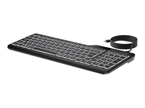 HP 400 Kabelgebundene Tastatur mit Hintergrundbeleuchtung, QWERTY Englisches Layout, 12 programmierbare Tasten, spritzwassergeschützt, USB-C-Kabel mit USB-A-Adapter, schlankes Design, Schwarz von HP