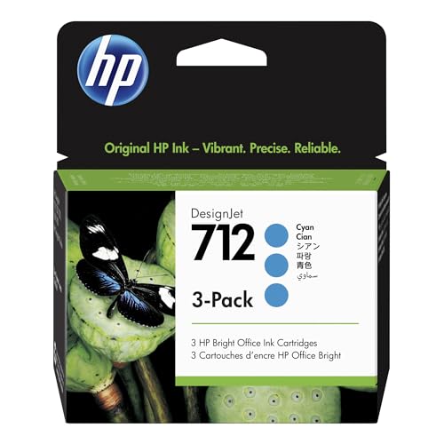 HP 712 3er-Pack Cyan 29 ml Original Druckerpatrone (3ED77A) mit originaler HP Tinte, für DesignJet T650, T630, T250, T230 & Großformatdrucker der Studio-Serie sowie den HP 713 DesignJet Druckkopf von HP